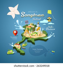 Songkran Festival in Thailand with kite, water, pagoda sand and travel on map thailand, design background, vector illustration