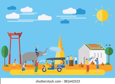 Songkran festival, Thailand New Year, Illustration of people celebrating and throwing water on each other, Flat design