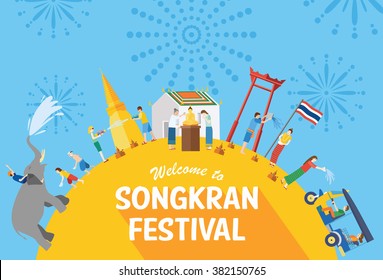 Songkran festival, Thailand New Year, Illustration of people celebrating and throwing water on each other, Flat design