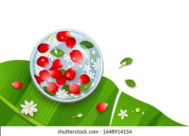 Songkran festival thailand rose petals and flower, leaf in water bowl on banana leaf design, vector illustration