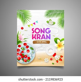 Songkran festival thailand rose petals in bowl and thai flowers coconut leaf, poster flyer design on white wood background, EPS 10, vector illustration