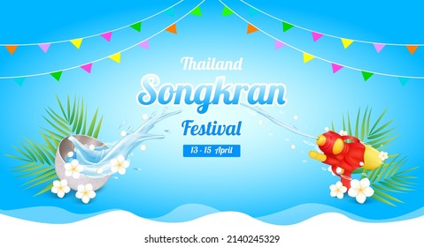 Songkran Festival Thailand Splash. Water Floating Away From Stainless Bowl And Water Gun Red On Blue Podium With Frangipani Flowers White. Thailand Travel Concept. Vector EPS10 Illustration.