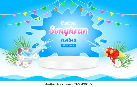Songkran festival Thailand splash. Water floating away from bowl and water gun red on blue podium with frangipani flowers white. Template for blank product podium. Thailand travel concept. Vector.