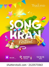 Songkran festival thailand summer tropical leaf, gun water and thai flower, poster flyer design on yellow and purple background, Eps 10 vector illustration