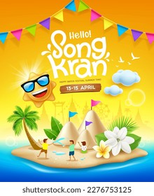 Songkran festival thailand, Thai flowers with child playing water splashing, sun smile, sand pagoda, colorful flag, poster design on blue and yellow background, EPS 10 vector illustration
 - Shutterstock ID 2276753125