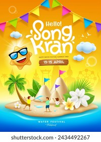 Songkran festival thailand, Thai flowers with child playing water splashing, sun smile, sand pagoda, colorful flag, poster design on sandy beach on the island yellow background, EPS 10 vector