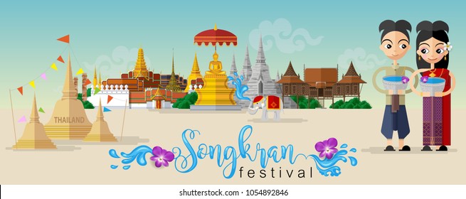 Songkran Festival, Thailand travel concept - The Most Beautiful Places To Visit In Thailand - in flat style.