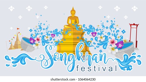 Songkran Festival, Thailand travel concept - The Most Beautiful Places To Visit In Thailand - in flat style.