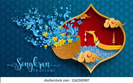 Songkran Festival, Thailand travel concept - The Most Beautiful Places To Visit In Thailand - in flat style.