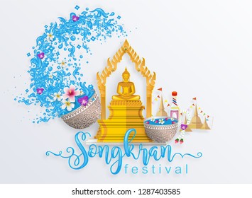 Songkran Festival, Thailand travel concept - The Most Beautiful Places To Visit In Thailand - in flat style.