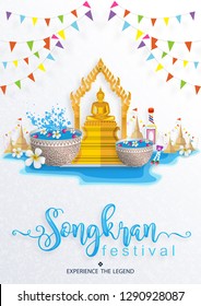 Songkran Festival, Thailand travel concept - The Most Beautiful Places To Visit In Thailand in flat style.