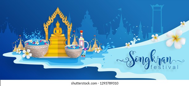 Songkran Festival, Thailand travel concept - The Most Beautiful Places To Visit In Thailand in flat style. 