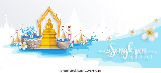 Songkran Festival, Thailand travel concept - The Most Beautiful Places To Visit In Thailand in flat style. 