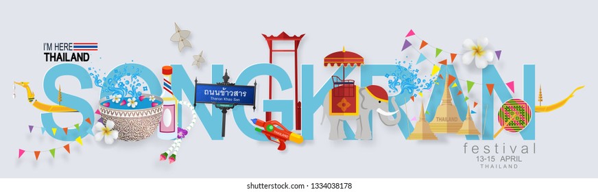 Songkran Festival, Thailand travel concept - The Most Beautiful Places To Visit In Thailand in flat style. (Translation : Name road thanon khao san )