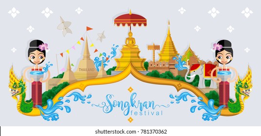 Songkran Festival, Thailand travel concept - The Most Beautiful Places To Visit In Thailand - in flat style.