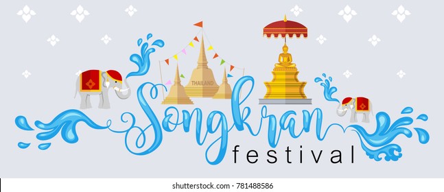 Songkran Festival, Thailand travel concept - The Most Beautiful Places To Visit In Thailand - in flat style.