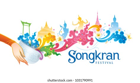 Songkran Festival in Thailand Vector, Thai traditional, Thai Water Splash with Landmark in Thailand and Jasmine Flowers, White frangipani tropical flower, plumeria flower blooming Songkran Festival in Thailand Vector, Thai traditional, Thai Water Splash with Landmark in Thailand and Jasmine Flowers, White frangipani tropical flower, plumeria flower blooming