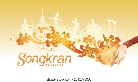 Songkran Festival in Thailand Vector, Thai traditional, Thai Water Splash with Landmark in Thailand and Jasmine Flowers, White frangipani tropical flower, plumeria flower blooming
Songkran Festival in Thailand Vector, Thai traditional, Thai Water Splash with Landmark in Thailand and Jasmine Flowers, White frangipani tropical flower, plumeria flower blooming