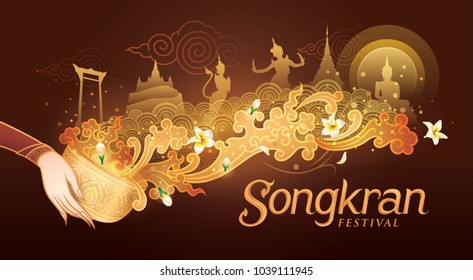 Songkran Festival in Thailand Vector, Thai traditional, Thai Water Splash with Landmark in Thailand and Jasmine Flowers, White frangipani tropical flower, plumeria flower blooming Songkran Festival in Thailand Vector, Thai traditional, Thai Water Splash with Landmark in Thailand and Jasmine Flowers, White frangipani tropical flower, plumeria flower blooming