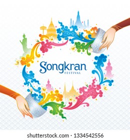 Songkran Festival in Thailand Vector, Thai traditional, Colorful Water Splash with Landmark in Thailand and Jasmine Flowers, White frangipani tropical flower, plumeria flower blooming