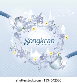 Songkran Festival in Thailand Vector, Thai traditional, Thai Water Splash with Landmark in Thailand and Jasmine Flowers, White frangipani tropical flower, plumeria flower blooming