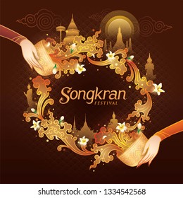 Songkran Festival in Thailand Vector, Thai traditional, Gold Water Splash with Landmark in Thailand and Jasmine Flowers, White frangipani tropical flower, plumeria flower blooming