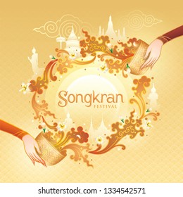 Songkran Festival in Thailand Vector, Thai traditional, Gold Water Splash with Landmark in Thailand and Jasmine Flowers, White frangipani tropical flower, plumeria flower blooming