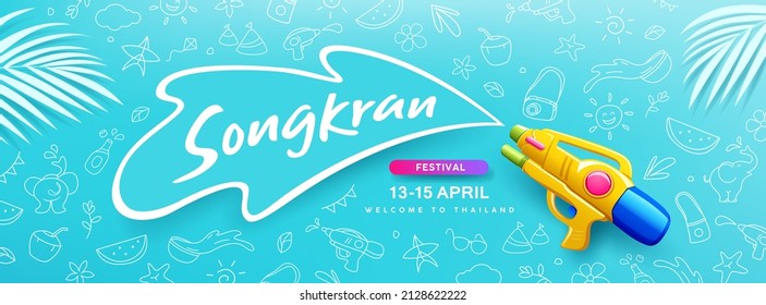 Songkran festival thailand, water gun water splash design on drawing summer blue background, Eps 10 vector illustration