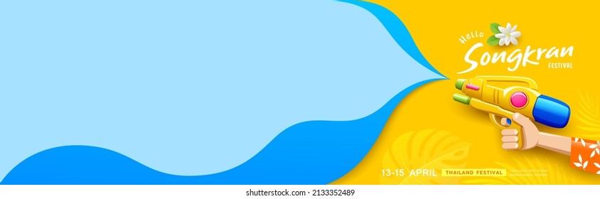 Songkran festival thailand, water gun in hands, empty space blue and yellow background, Eps 10 vector illustration