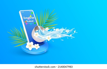 Songkran festival Thailand water splash on a smartphone. Water floating away from stainless bowl on blue podium with frangipani flowers white. Thailand travel concept. Vector EPS10 illustration.