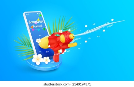 Songkran festival Thailand water splash on a smartphone. Water floating away from water gun red on blue podium with frangipani flowers white. Thailand travel concept. Vector EPS10 illustration.