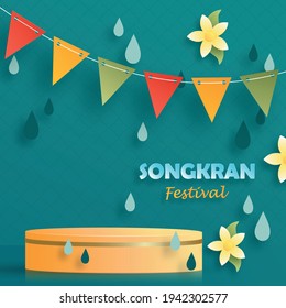 Songkran Festival in Thailand, The water festival of the Thai new year on paper cut art and craft style with color background for greeting card, flyers, poster