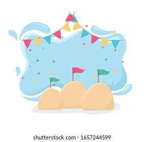 songkran festival traditional celebration sand palace with flags buntings design vector illustration
