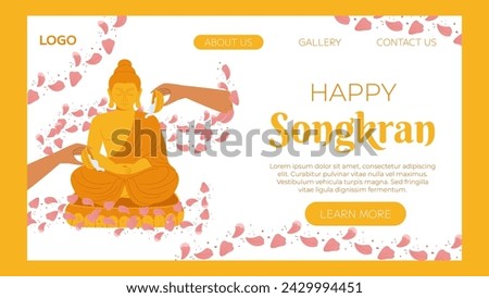 Songkran festival, traditional shower the monk sculpture, Thailand New Year. Bathing the Buddha statue. Vector landing page website template in flat style for celebrating.