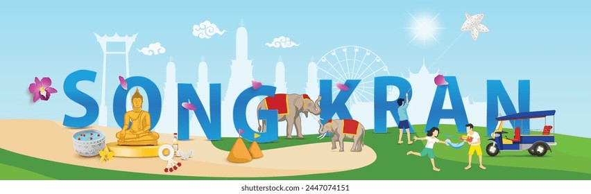 Songkran festival typographic design with Thailand cultural decoration element set in panoramic banner background, vector illustration  