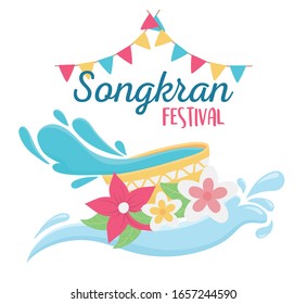 Songkran Festival Water In Bowl Flowers Bunting Flags Decoration Celebration Design Vector Illustration