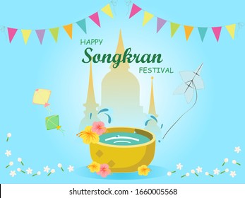 Songkran Festival/Thai new year with water bowl, splashing water, kite, tropical flowers, jasmine and colorful flag with pagoda. For banner, template, greeting card.
Thai translation : Thai new year