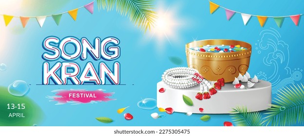 Songkran festival-Thai traditional new year with jasmine garland and water in bowl (Use for Pouring water on hands of revered elders and ask for blessing).Horizontal banner design,headers for website.