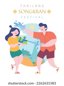 Songkran, Flat style Thai Water Festival cartoon illustration