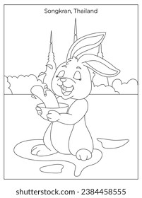Songkran Holiday Celebration in Thailand with cute rabbit coloring page for kids