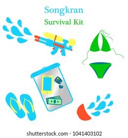 Songkran New Year In Thailand. Jocular Set Of Illustrations Survival Kit. Water Pistol, Water, Cup, Flip Flops, Swimsuit, Waterproof Bag, Smartphone, Money, Keys