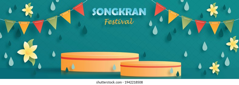 Songkran podium round stage Festival in Thailand, The water festival of the Thai new year on paper cut art and craft style with color background for greeting card, flyers, poster