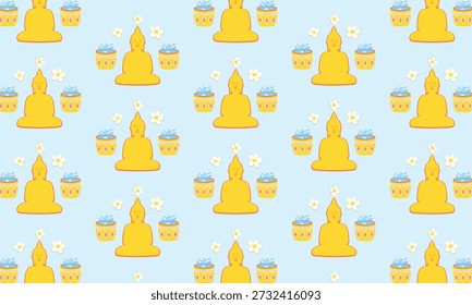 Songkran Nahtloses Muster mit Wasserglas, Buddha-Statue, Blumen und Wasserspritzer