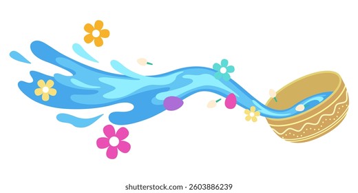 songkran splashing golden bowl with flowers petals celebration thailand water festival summer tourism flat vector illustration