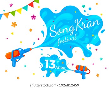 Songkran thailand banner. Water festival party, cartoon liquid splash on summer fest. Thai culture, happy asian holidays recent vector poster
