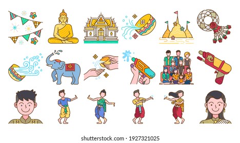 Songkran thailand festival colored line vector icon set Thai water splashing festive day, thai dancing traditional and cultural. Colorful vector and illustration.