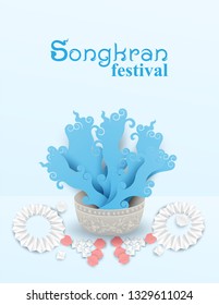 Songkran thailand festival. Design with garland origami and water Kanok thai art ,paper art style background  .vector.