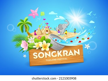 Songkran thailand festival, water in bowl, sand pile with thai flower, female play sand pagoda on blue background, EPS 10 vector illustration