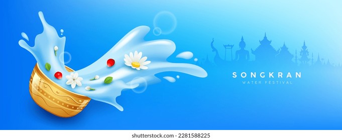 Songkran Thailand, flowers in a water bowl water splashing, thailand architecture tourism silhouette, on blue background, EPS 10 vector illustration
