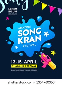 Songkran Thailand gun Vector and water splash poster design on black background, illustration Songkran Thailand gun Vector and water splash poster design on black background, illustration